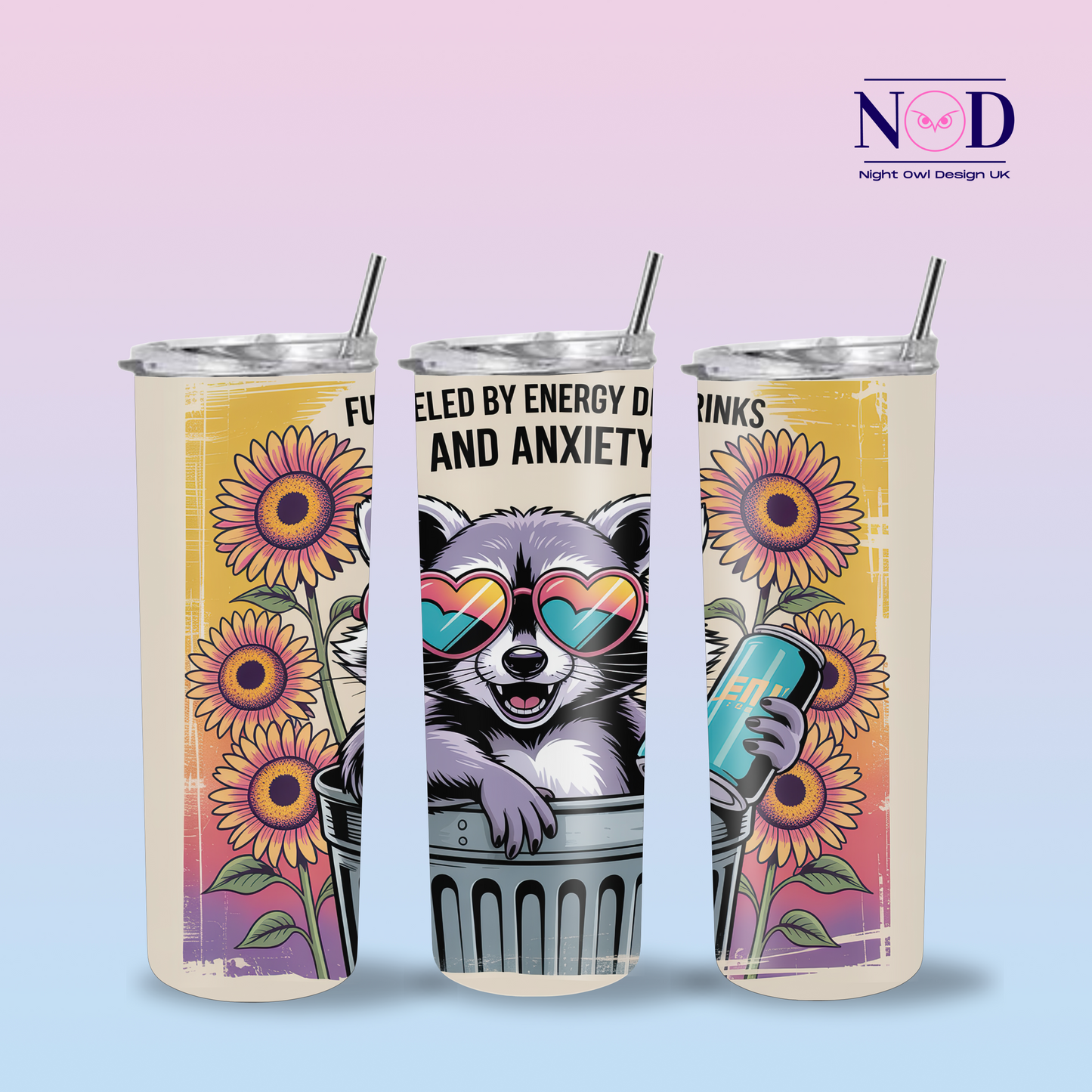 Fueled by Energy Drinks & Anxiety Raccoon 20oz Tumbler