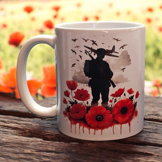 Remembrance Day Silhouette 11oz Mug with Poppies